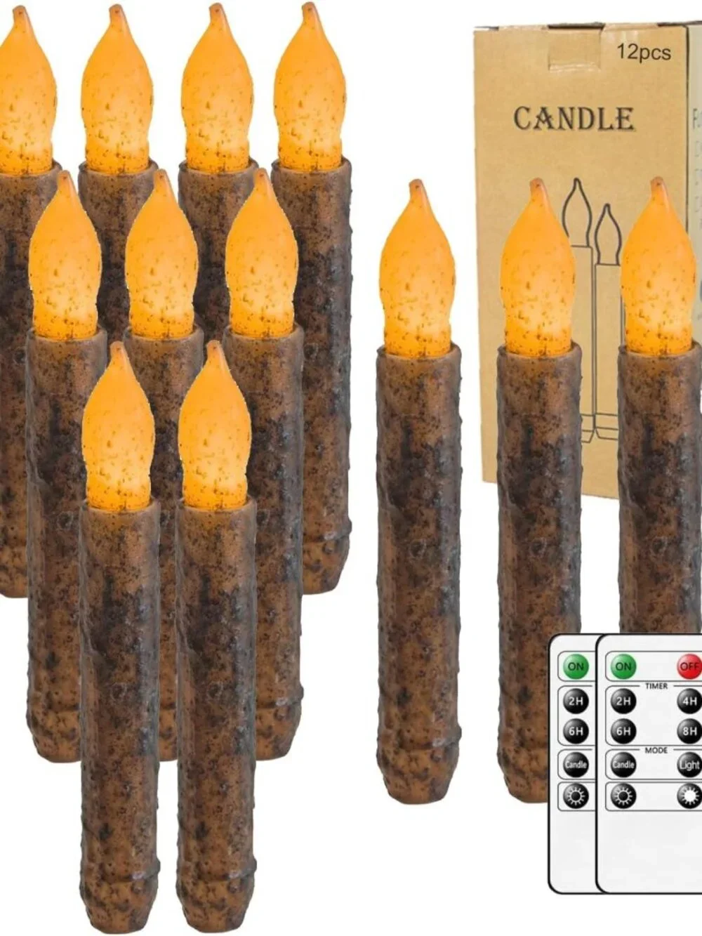 12Pcs 6.5'' Rustic Flameless Taper Candles with Timer | Hand-Dipped Real Wax for